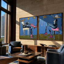 Blue Riders Trade Stars - whimsical blue riders by Elliot Vale, modern figurative set of 2 wall art - styled room scene view 5