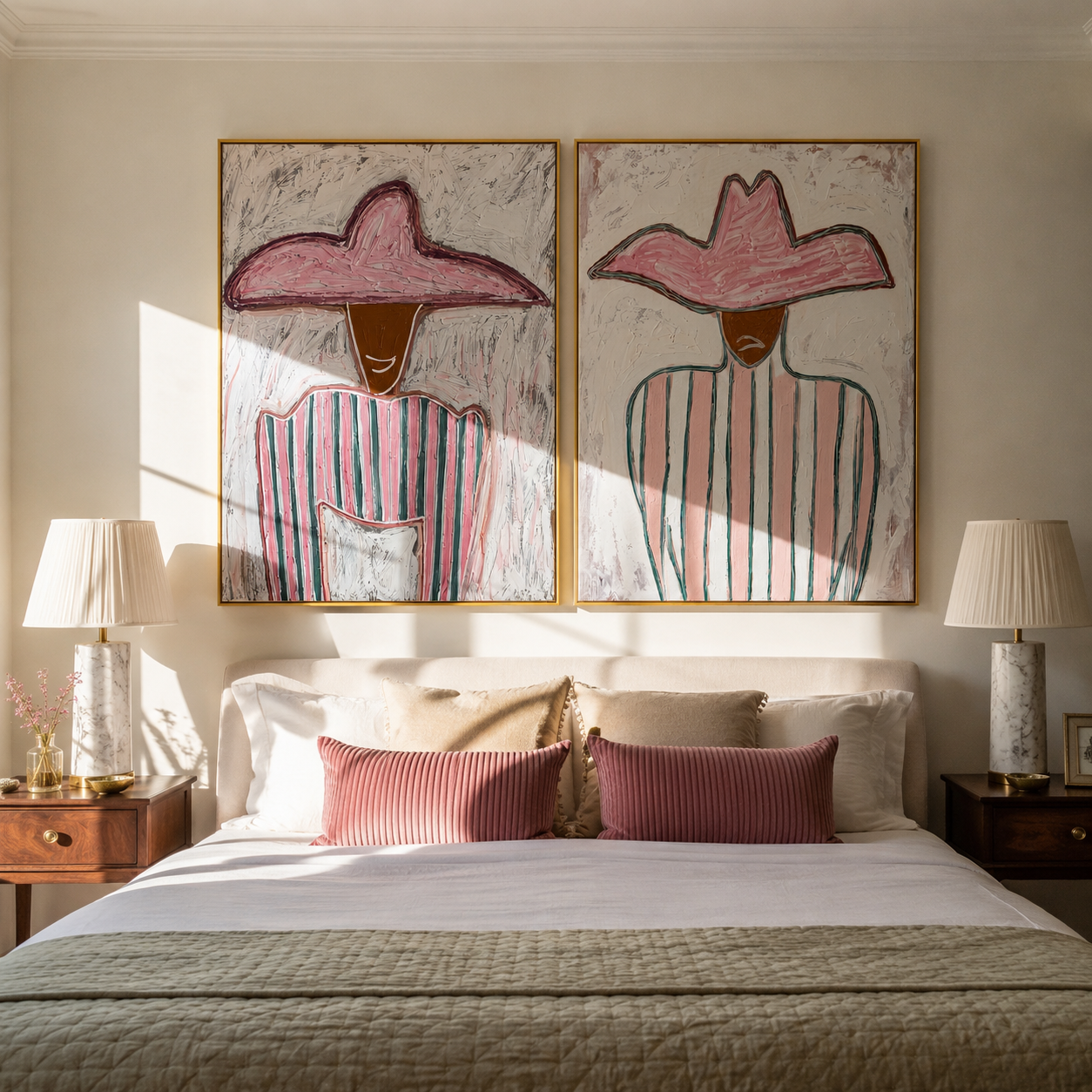 Pink Stripes Hold Still - pink hat stripe portrait by Elliot Vale, modern figurative set of 2 wall art - styled room scene view 1