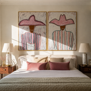 Pink Stripes Hold Still - pink hat stripe portrait by Elliot Vale, modern figurative set of 2 wall art - styled room scene view 1