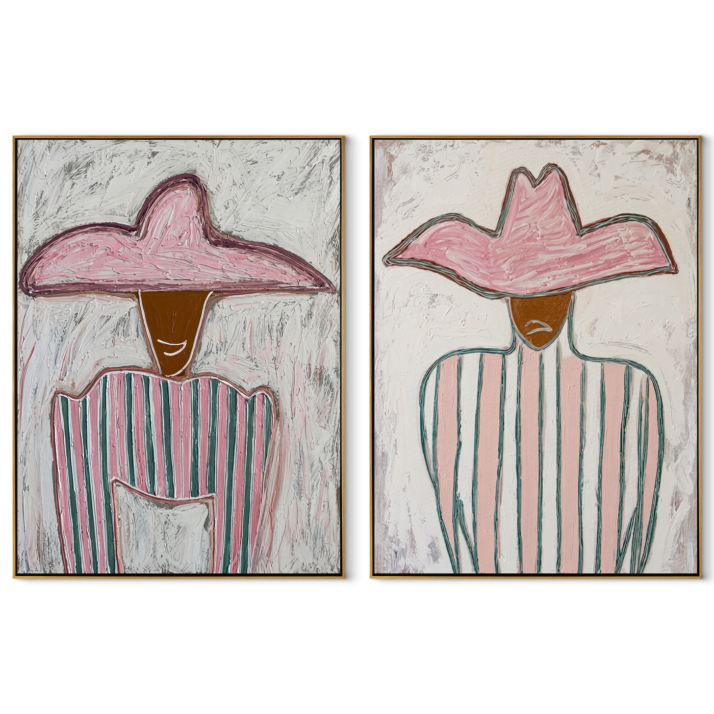Pink Stripes Hold Still - pink hat stripe portrait by Elliot Vale, modern figurative set of 2 wall art - complete two-panel artwork set on white background