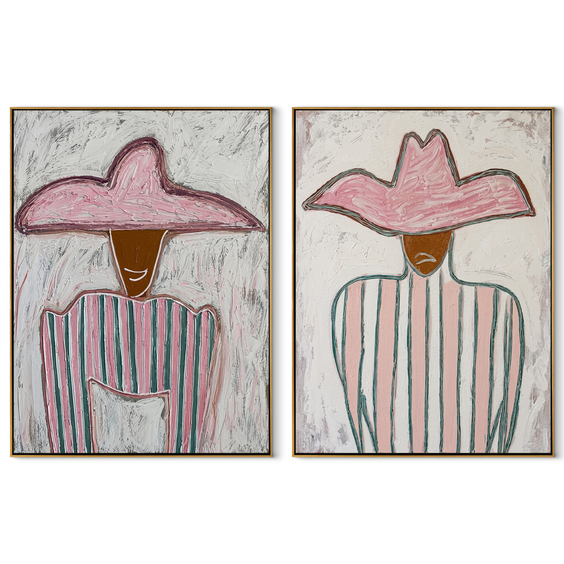 Pink Stripes Hold Still - pink hat stripe portrait by Elliot Vale, modern figurative set of 2 wall art - complete two-panel artwork set on white background