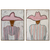 Pink Stripes Hold Still - pink hat stripe portrait by Elliot Vale, modern figurative set of 2 wall art - complete two-panel artwork set on white background