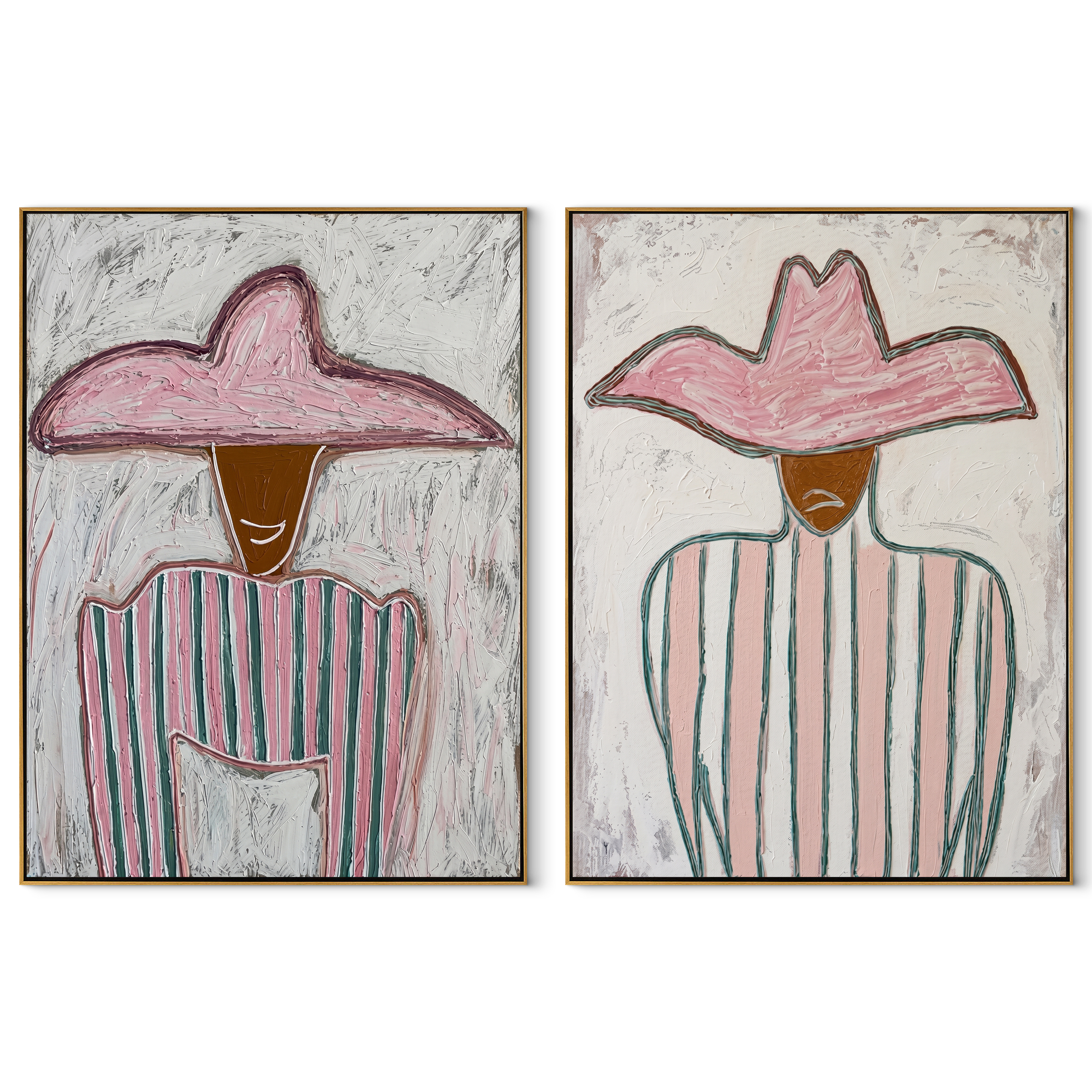 Pink Stripes Hold Still - pink hat stripe portrait by Elliot Vale, modern figurative set of 2 wall art - complete two-panel artwork set on white background