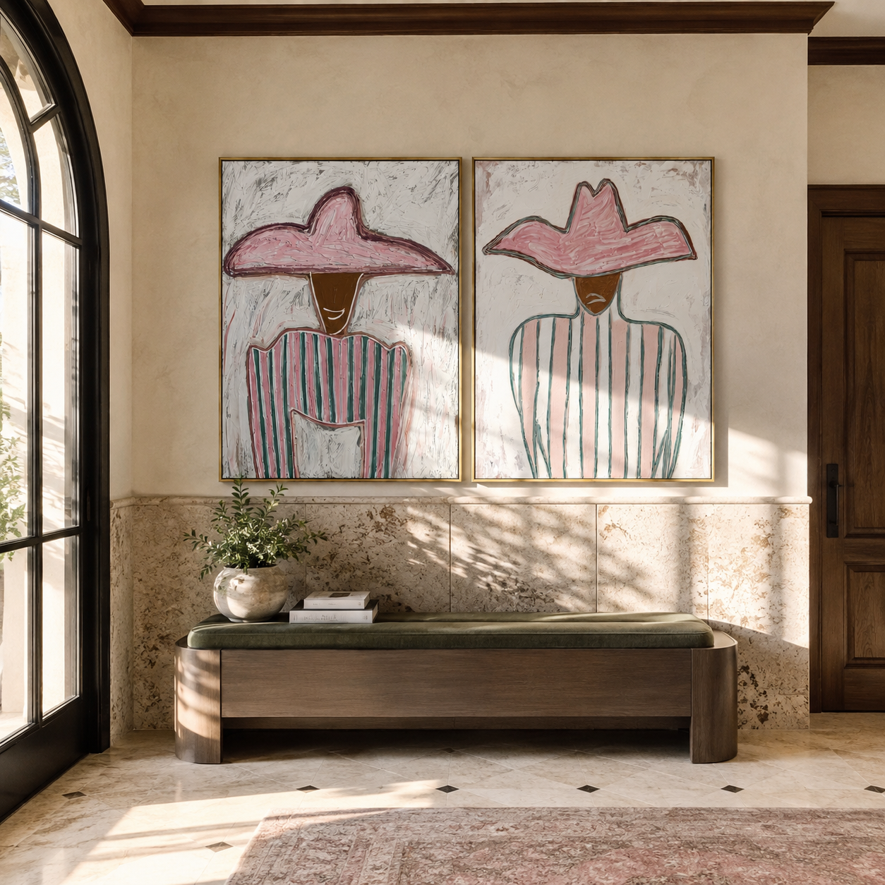 Pink Stripes Hold Still - pink hat stripe portrait by Elliot Vale, modern figurative set of 2 wall art - styled room scene view 2