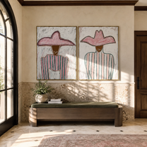 Pink Stripes Hold Still - pink hat stripe portrait by Elliot Vale, modern figurative set of 2 wall art - styled room scene view 2
