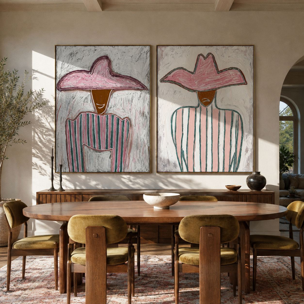 Pink Stripes Hold Still - pink hat stripe portrait by Elliot Vale, modern figurative set of 2 wall art - styled room scene view 3