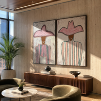 Pink Stripes Hold Still - pink hat stripe portrait by Elliot Vale, modern figurative set of 2 wall art - styled room scene view 4