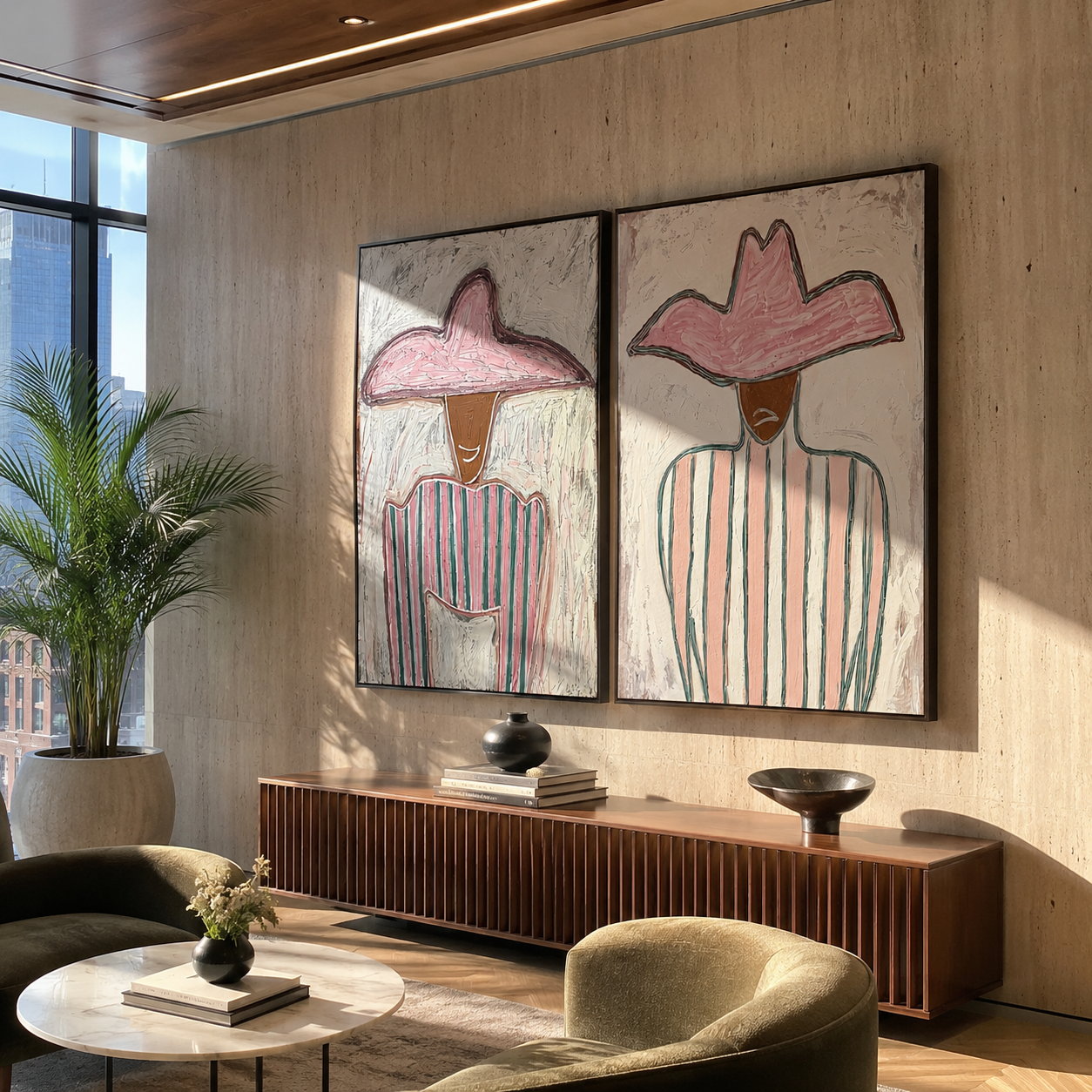 Pink Stripes Hold Still - pink hat stripe portrait by Elliot Vale, modern figurative set of 2 wall art - styled room scene view 4