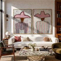 Pink Stripes Hold Still - pink hat stripe portrait by Elliot Vale, modern figurative set of 2 wall art - styled room scene view 5