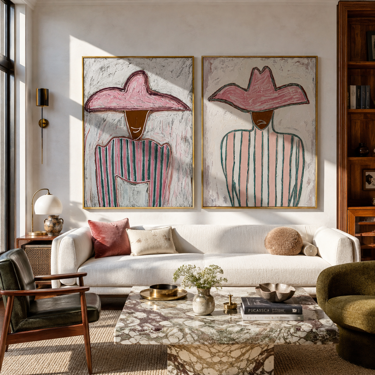 Pink Stripes Hold Still - pink hat stripe portrait by Elliot Vale, modern figurative set of 2 wall art - styled room scene view 5