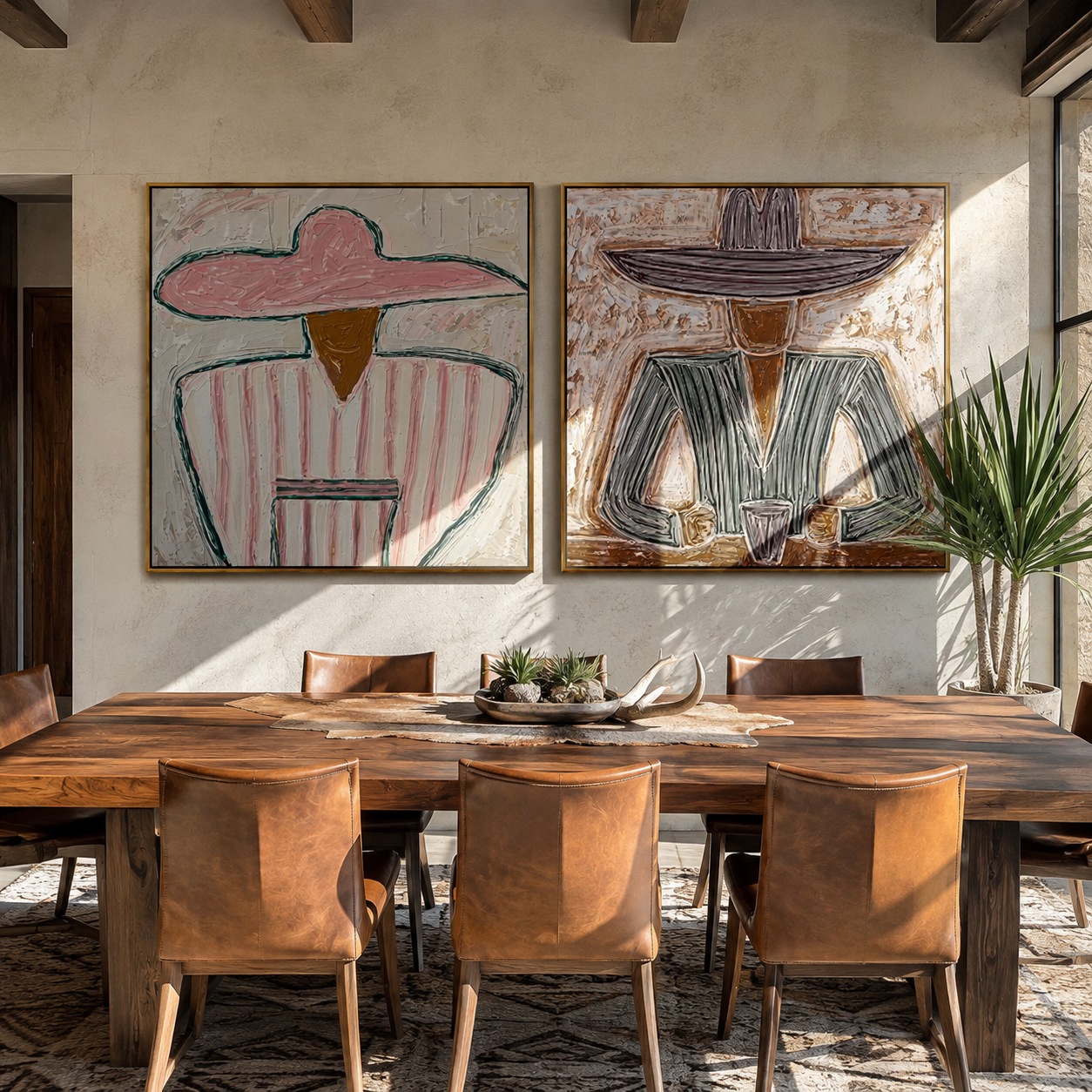 Rose Figures Share Table - seated Western portrait by Elliot Vale, modern figurative set of 2 wall art - styled room scene view 1