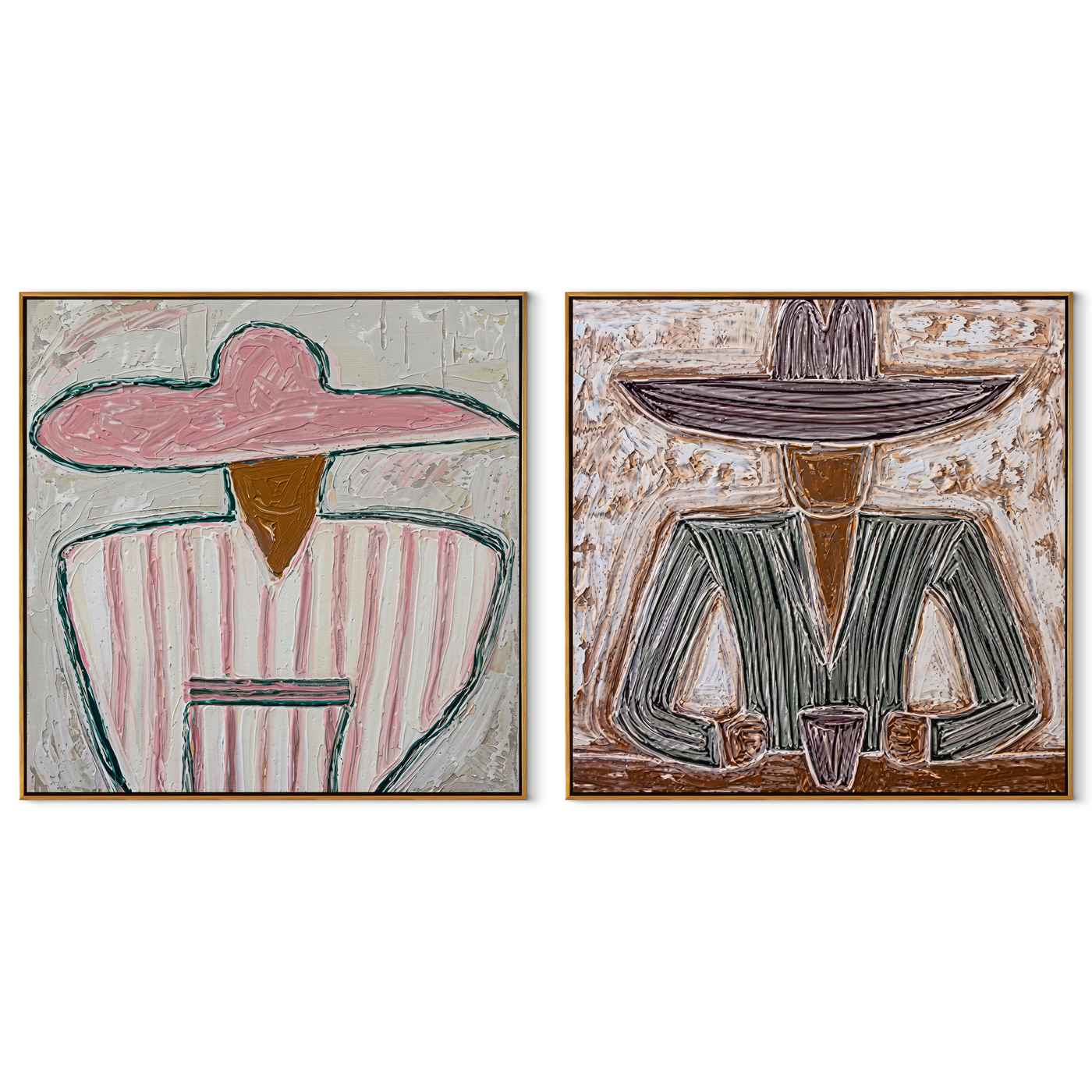 Rose Figures Share Table - seated Western portrait by Elliot Vale, modern figurative set of 2 wall art - complete two-panel artwork set on white background