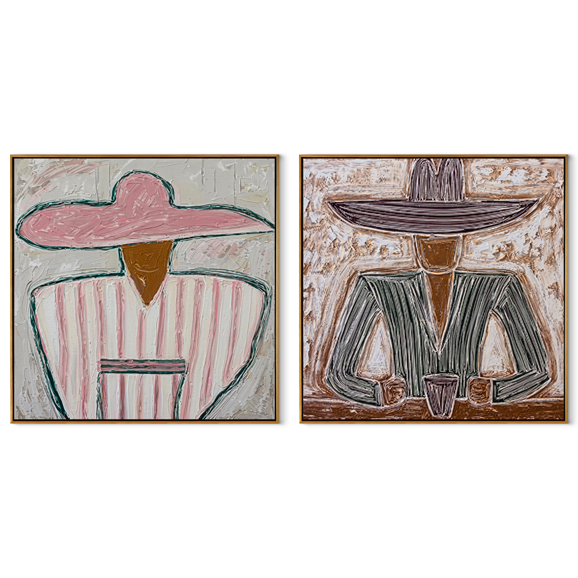 Rose Figures Share Table - seated Western portrait by Elliot Vale, modern figurative set of 2 wall art - complete two-panel artwork set on white background