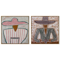 Rose Figures Share Table - seated Western portrait by Elliot Vale, modern figurative set of 2 wall art - complete two-panel artwork set on white background