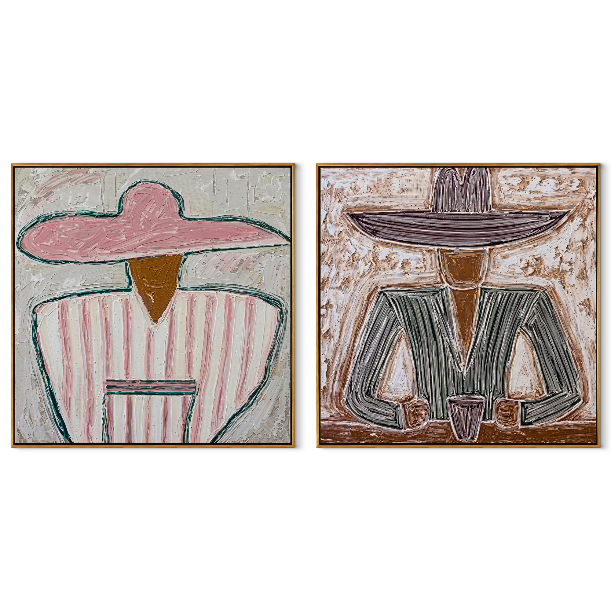 Rose Figures Share Table - seated Western portrait by Elliot Vale, modern figurative set of 2 wall art - complete two-panel artwork set on white background