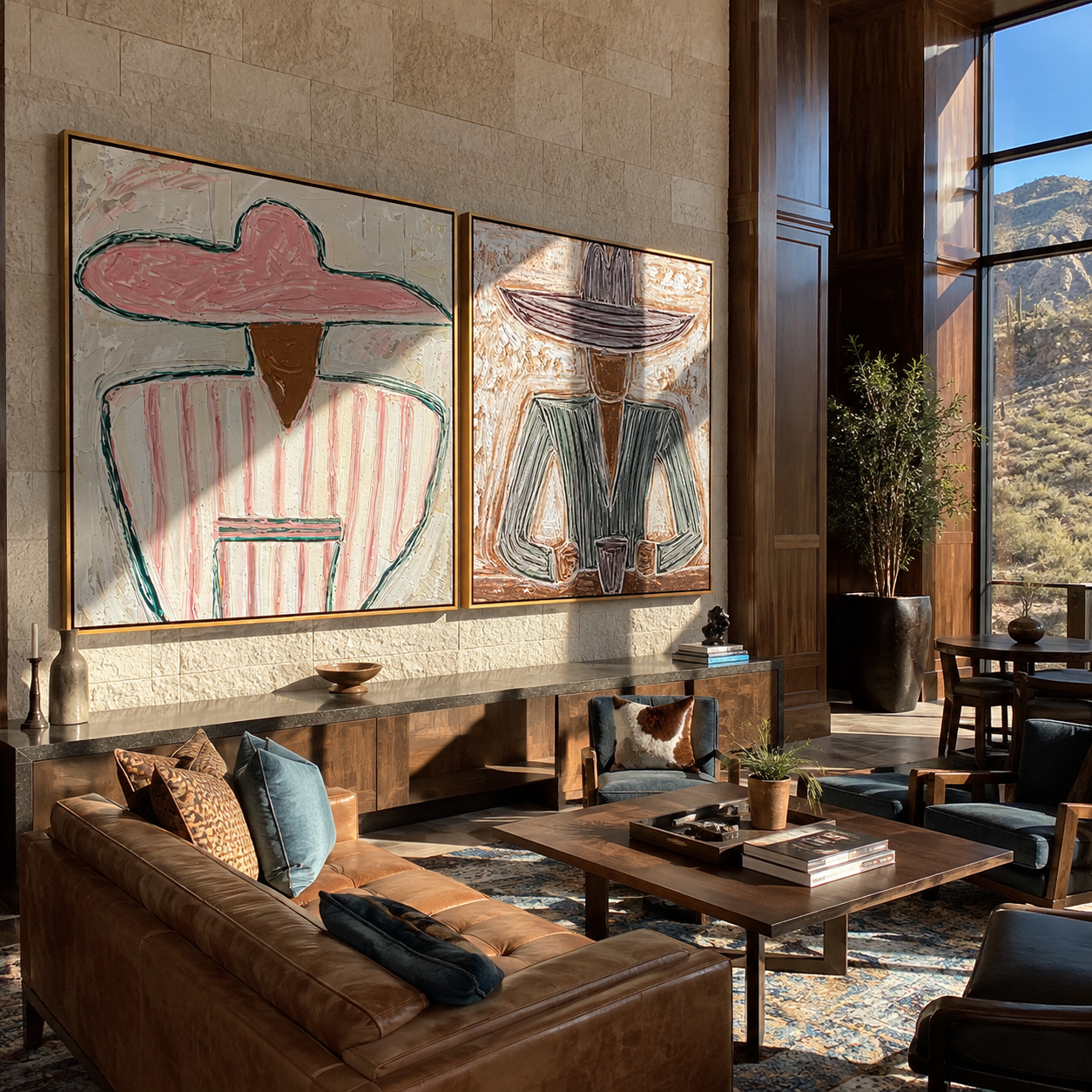 Rose Figures Share Table - seated Western portrait by Elliot Vale, modern figurative set of 2 wall art - styled room scene view 2