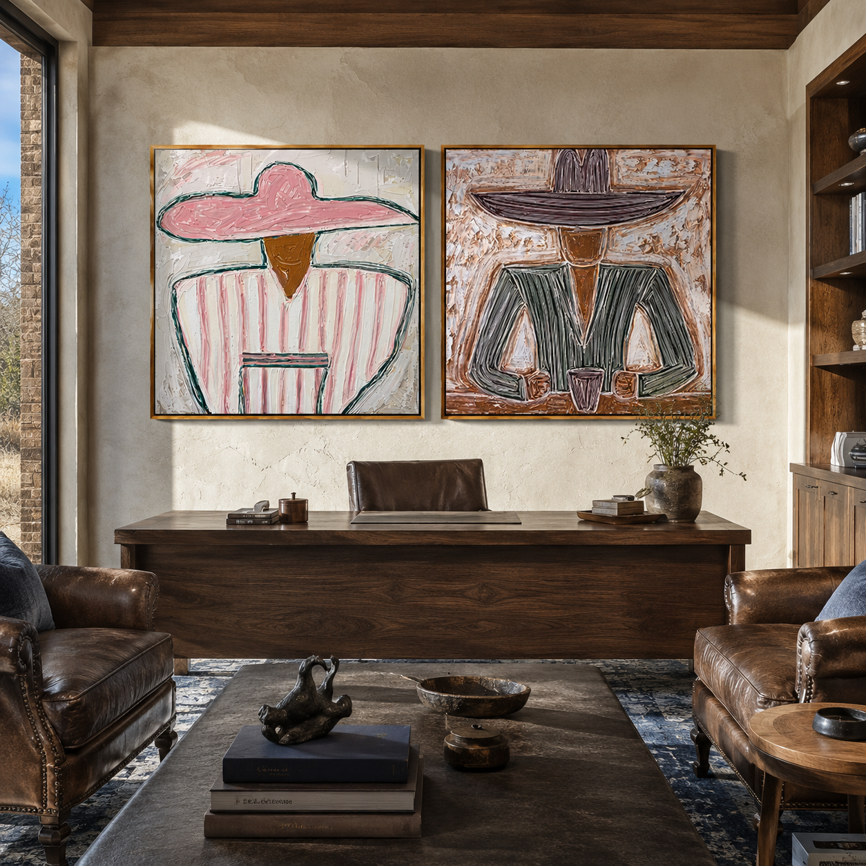Rose Figures Share Table - seated Western portrait by Elliot Vale, modern figurative set of 2 wall art - styled room scene view 3