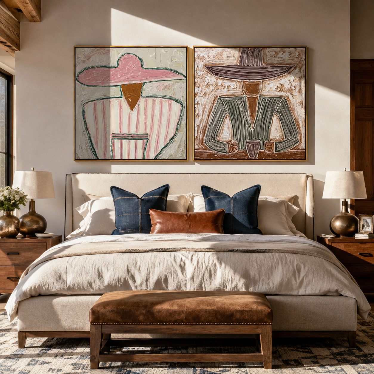 Rose Figures Share Table - seated Western portrait by Elliot Vale, modern figurative set of 2 wall art - styled room scene view 4