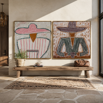 Rose Figures Share Table - seated Western portrait by Elliot Vale, modern figurative set of 2 wall art - styled room scene view 5