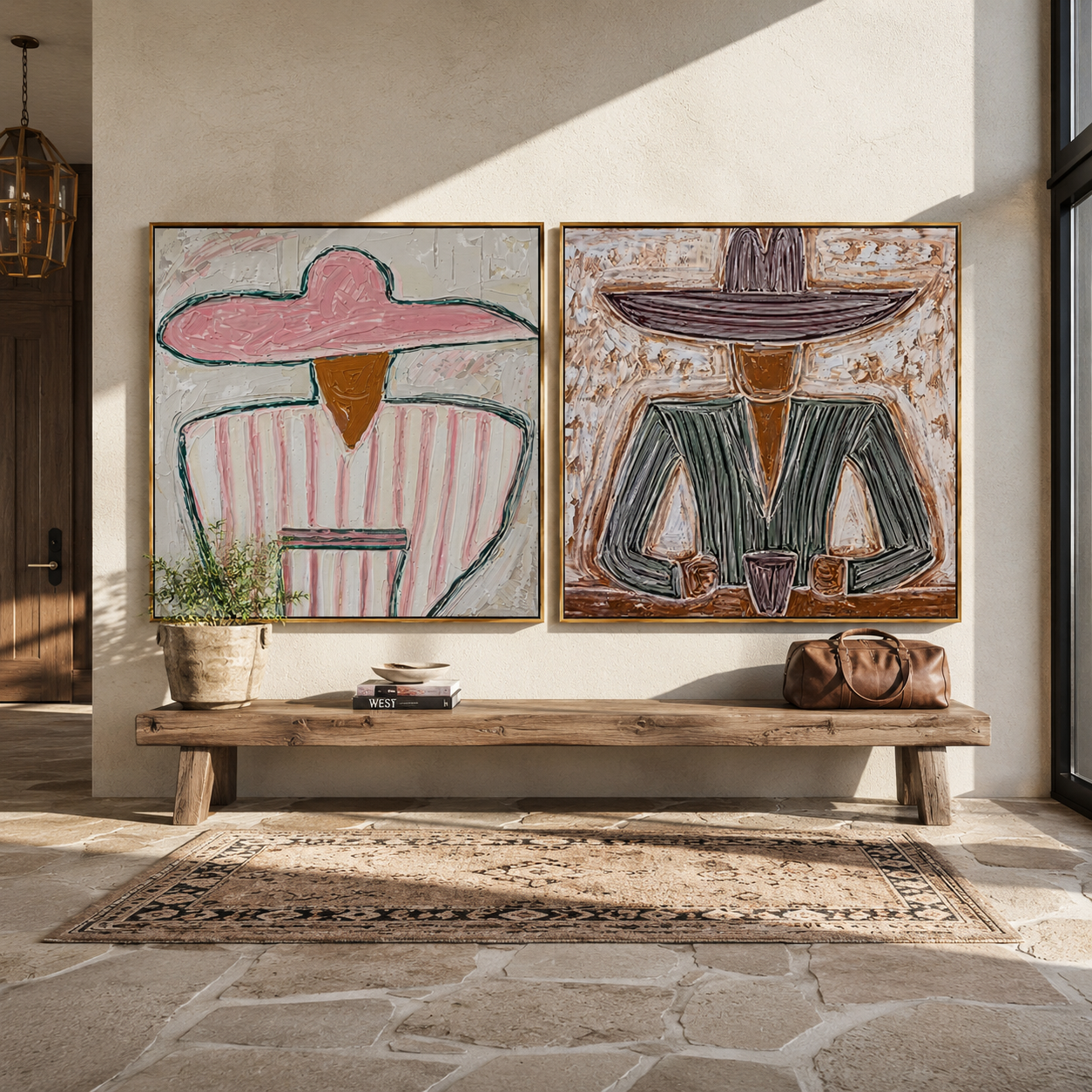Rose Figures Share Table - seated Western portrait by Elliot Vale, modern figurative set of 2 wall art - styled room scene view 5