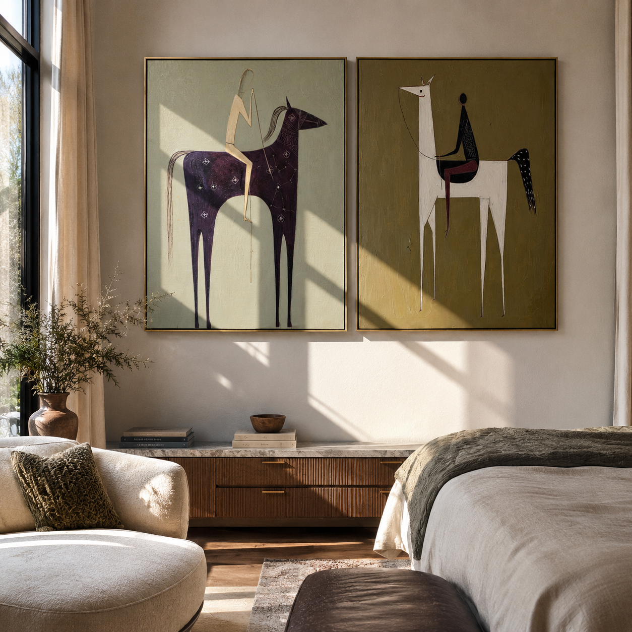 Tall Horses Carry Echoes - minimal tall horse pair by Elliot Vale, modern figurative set of 2 wall art - styled room scene view 1