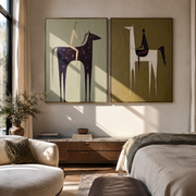 Tall Horses Carry Echoes - minimal tall horse pair by Elliot Vale, modern figurative set of 2 wall art - styled room scene view 1