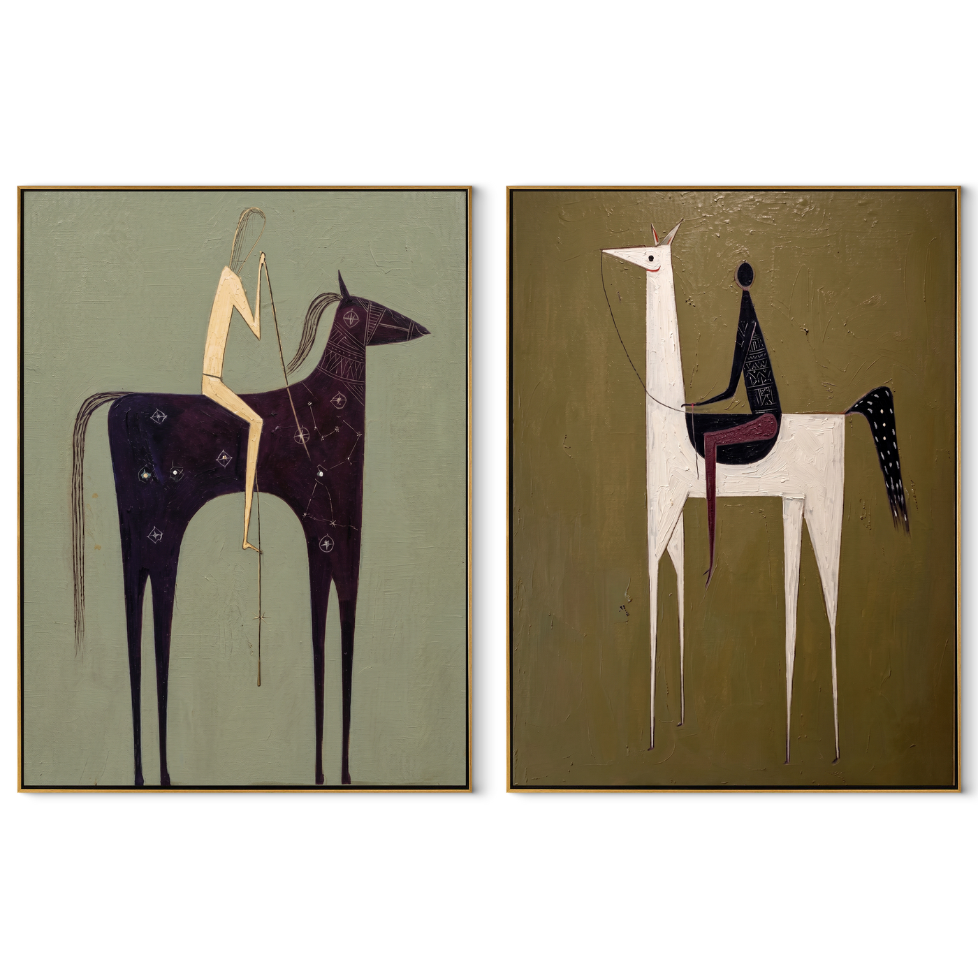 Tall Horses Carry Echoes - minimal tall horse pair by Elliot Vale, modern figurative set of 2 wall art - complete two-panel artwork set on white background