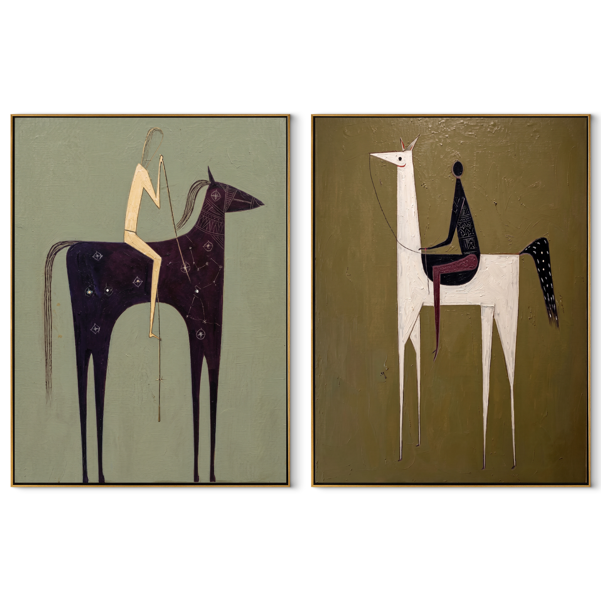 Tall Horses Carry Echoes - minimal tall horse pair by Elliot Vale, modern figurative set of 2 wall art - complete two-panel artwork set on white background