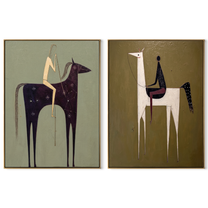 Tall Horses Carry Echoes - minimal tall horse pair by Elliot Vale, modern figurative set of 2 wall art - complete two-panel artwork set on white background