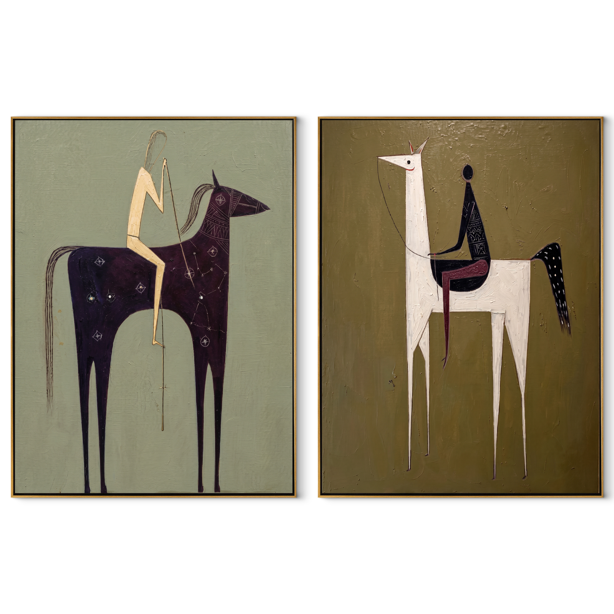 Tall Horses Carry Echoes - minimal tall horse pair by Elliot Vale, modern figurative set of 2 wall art - complete two-panel artwork set on white background