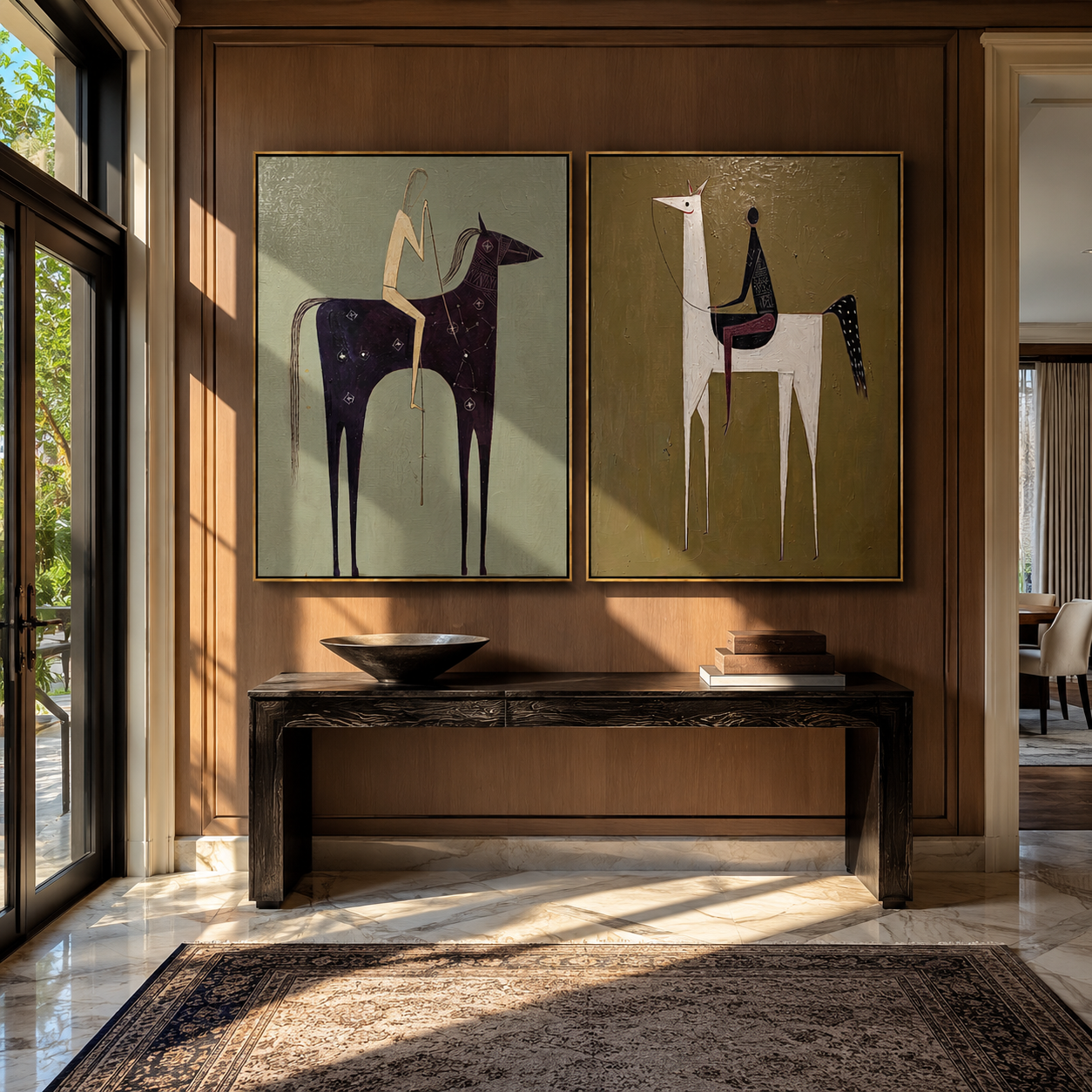 Tall Horses Carry Echoes - minimal tall horse pair by Elliot Vale, modern figurative set of 2 wall art - styled room scene view 2