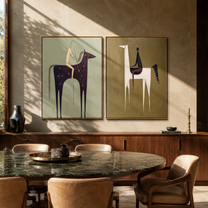 Tall Horses Carry Echoes - minimal tall horse pair by Elliot Vale, modern figurative set of 2 wall art - styled room scene view 3