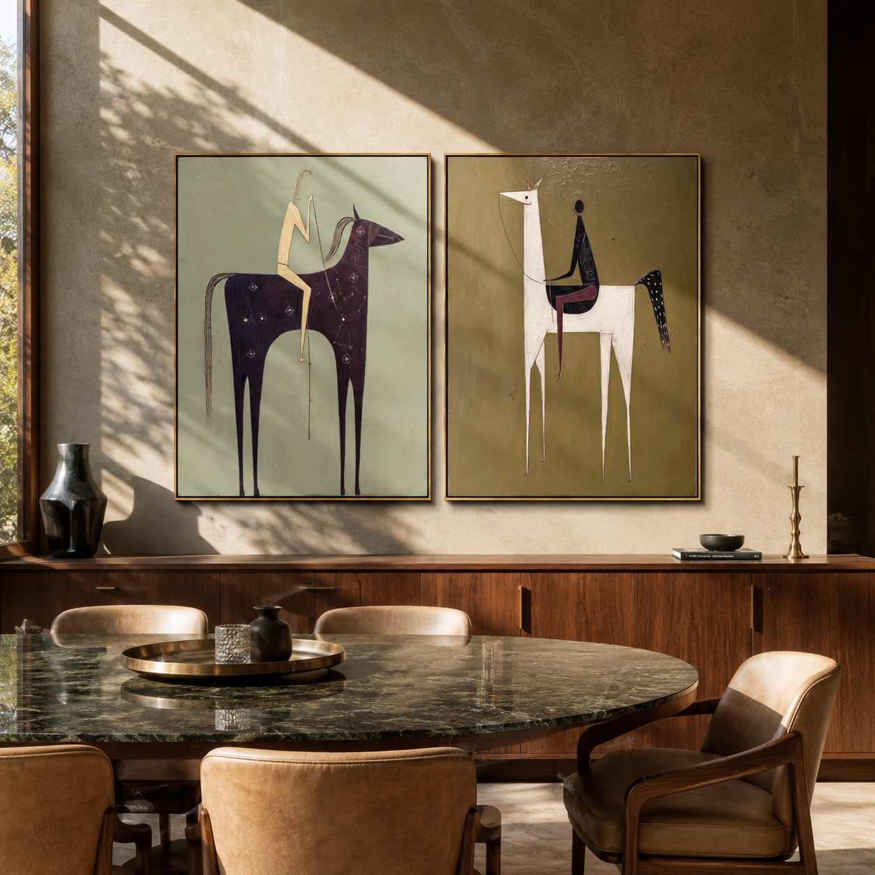 Tall Horses Carry Echoes - minimal tall horse pair by Elliot Vale, modern figurative set of 2 wall art - styled room scene view 3