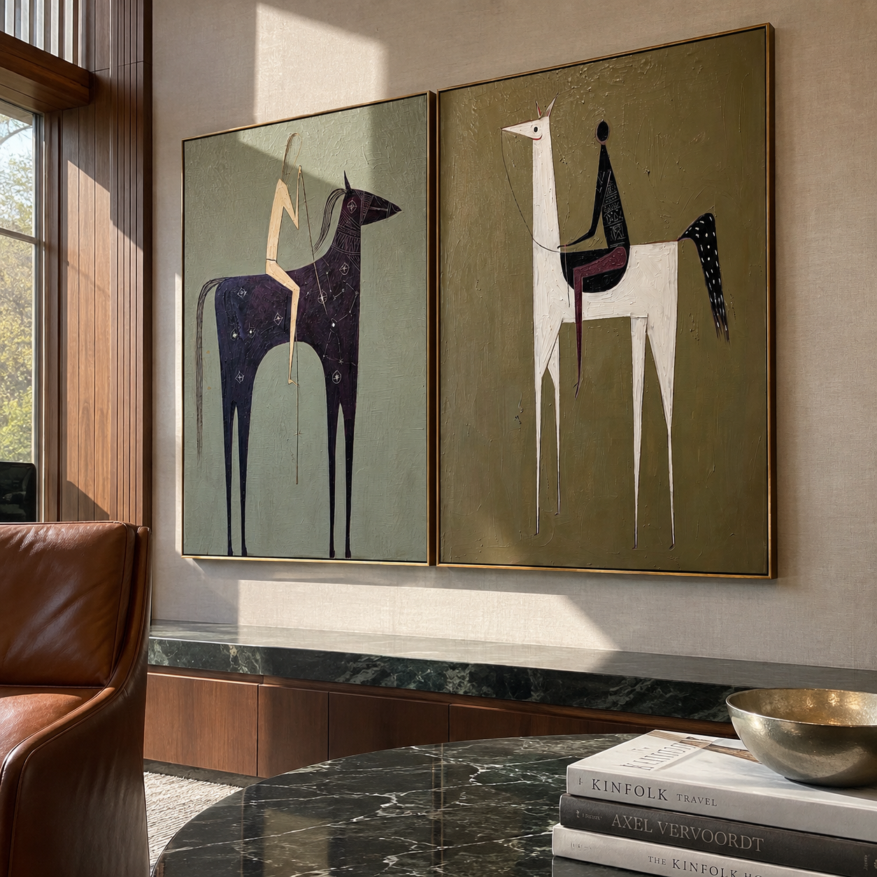 Tall Horses Carry Echoes - minimal tall horse pair by Elliot Vale, modern figurative set of 2 wall art - styled room scene view 4