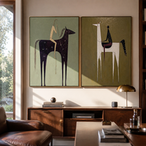 Tall Horses Carry Echoes - minimal tall horse pair by Elliot Vale, modern figurative set of 2 wall art - styled room scene view 5