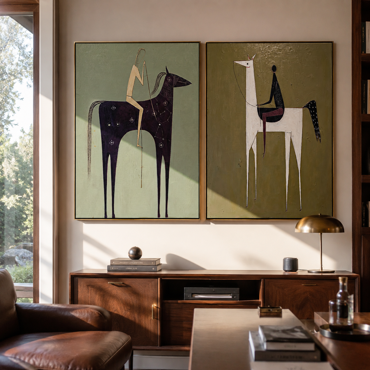 Tall Horses Carry Echoes - minimal tall horse pair by Elliot Vale, modern figurative set of 2 wall art - styled room scene view 5