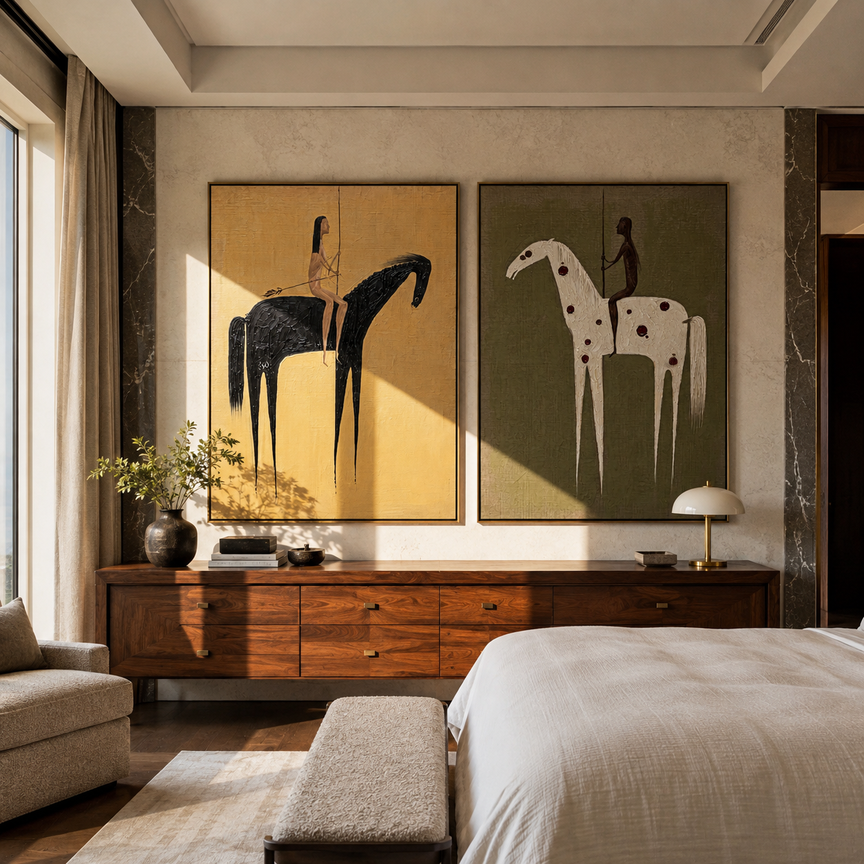 Spotted Horses Cross Ochre - spotted horse riders by Elliot Vale, modern figurative set of 2 wall art - styled room scene view 1