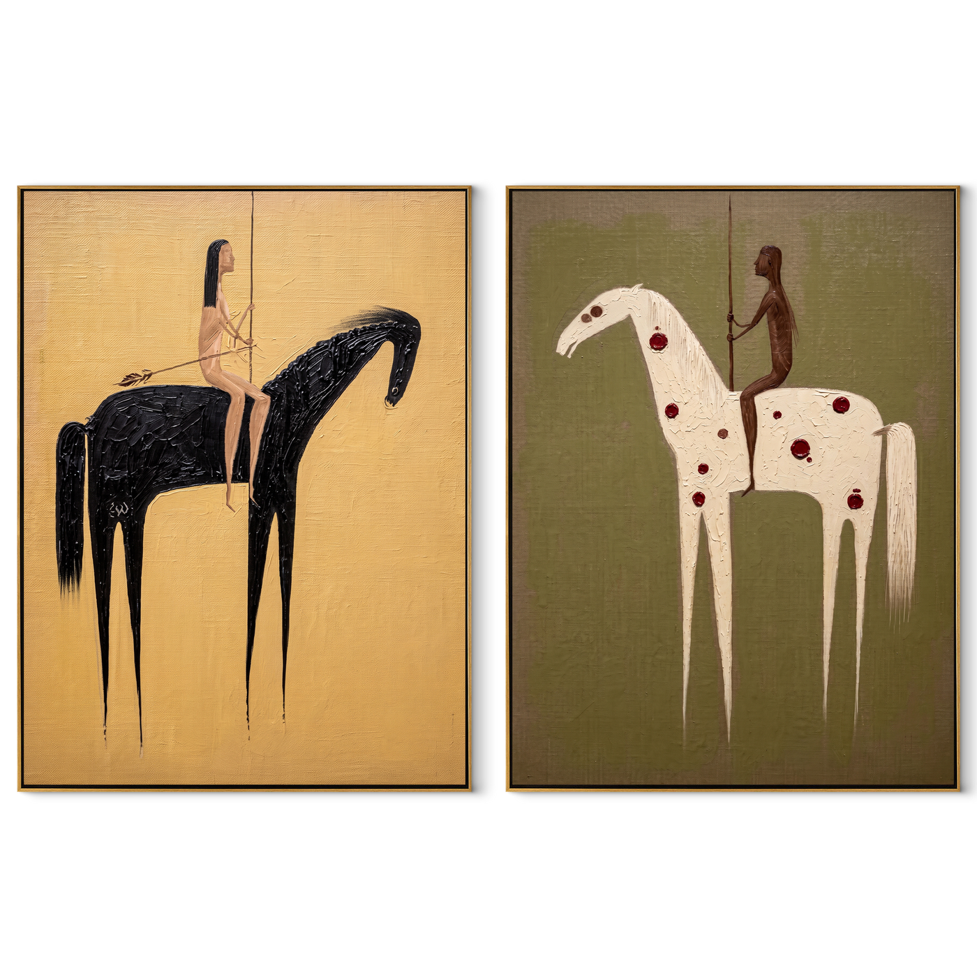 Spotted Horses Cross Ochre - spotted horse riders by Elliot Vale, modern figurative set of 2 wall art - complete two-panel artwork set on white background
