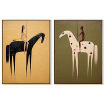 Spotted Horses Cross Ochre - spotted horse riders by Elliot Vale, modern figurative set of 2 wall art - complete two-panel artwork set on white background