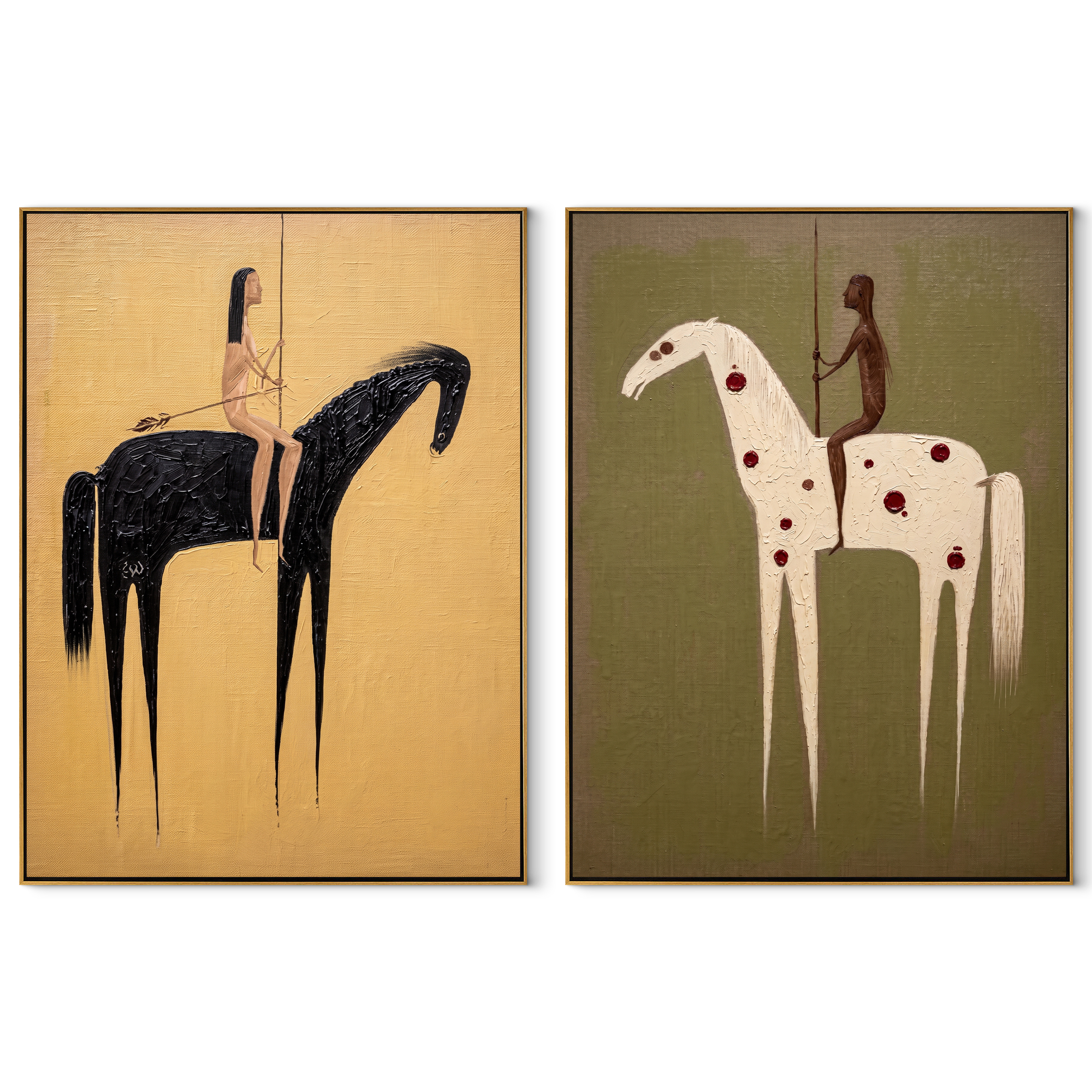 Spotted Horses Cross Ochre - spotted horse riders by Elliot Vale, modern figurative set of 2 wall art - complete two-panel artwork set on white background