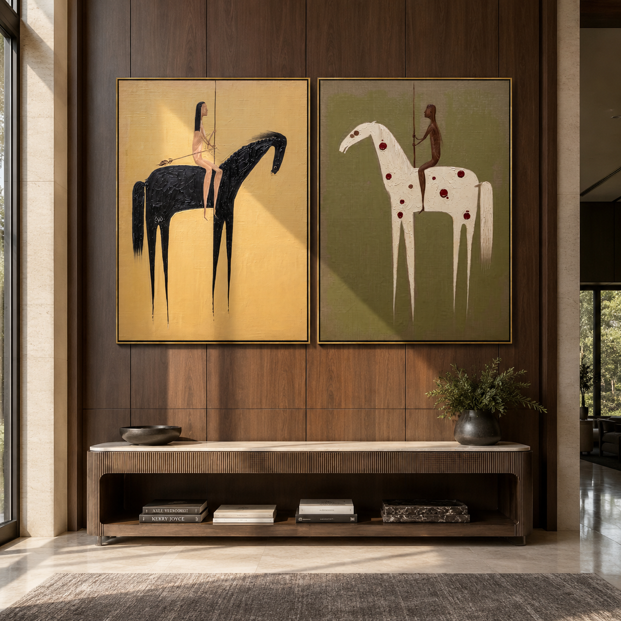 Spotted Horses Cross Ochre - spotted horse riders by Elliot Vale, modern figurative set of 2 wall art - styled room scene view 2