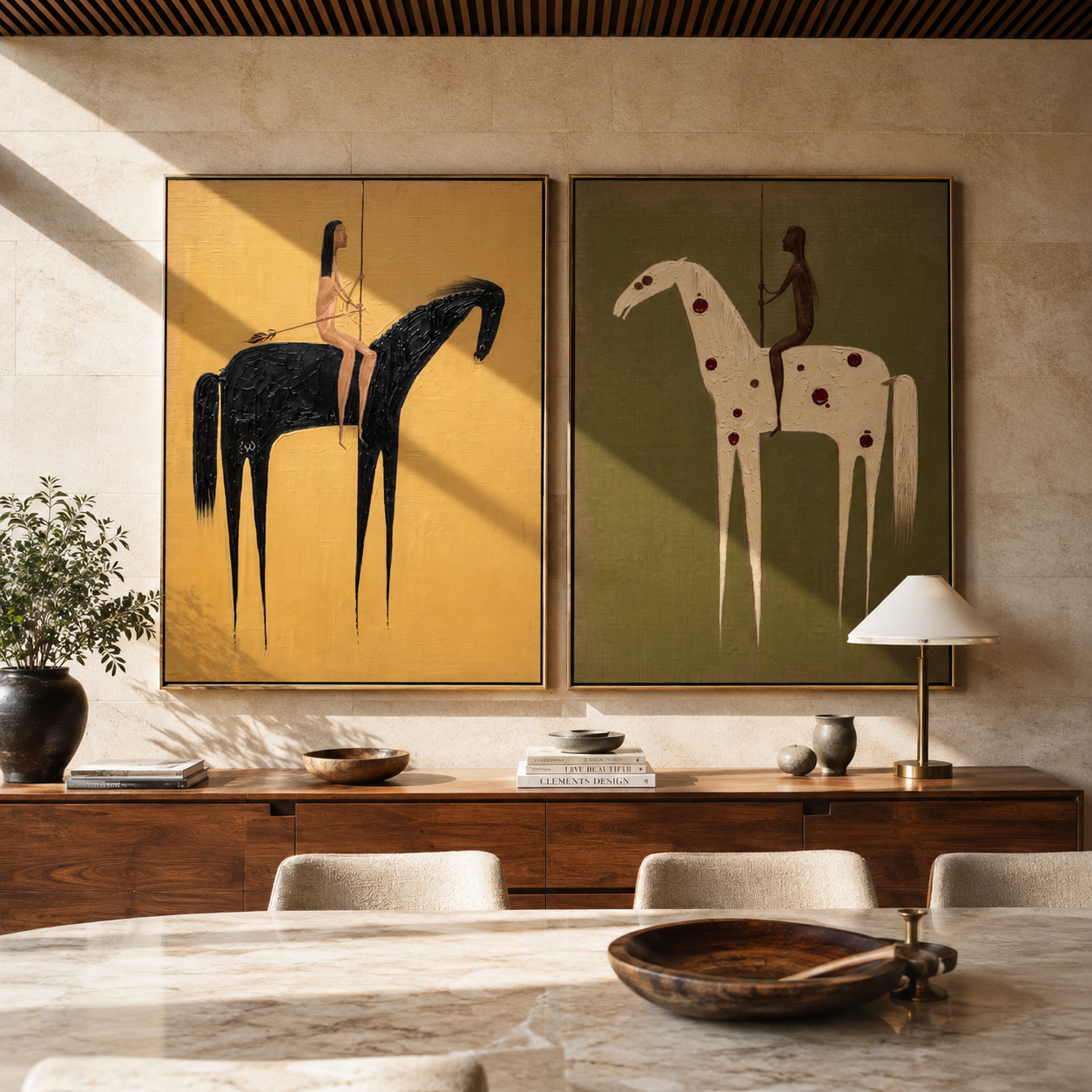 Spotted Horses Cross Ochre - spotted horse riders by Elliot Vale, modern figurative set of 2 wall art - styled room scene view 3
