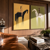 Spotted Horses Cross Ochre - spotted horse riders by Elliot Vale, modern figurative set of 2 wall art - styled room scene view 4