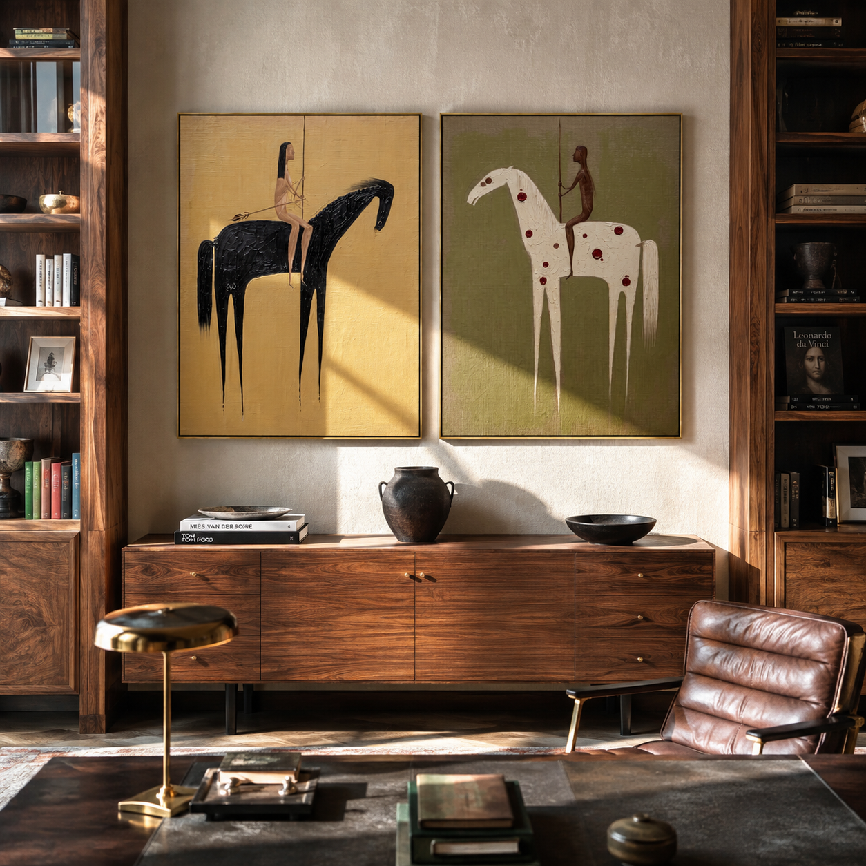 Spotted Horses Cross Ochre - spotted horse riders by Elliot Vale, modern figurative set of 2 wall art - styled room scene view 5