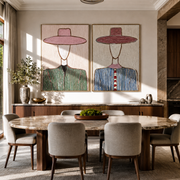 Blush Brims Divide Shadow - blush hat Western portrait by Elliot Vale, modern figurative set of 2 wall art - styled room scene view 1