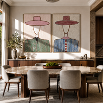 Blush Brims Divide Shadow - blush hat Western portrait by Elliot Vale, modern figurative set of 2 wall art - styled room scene view 1