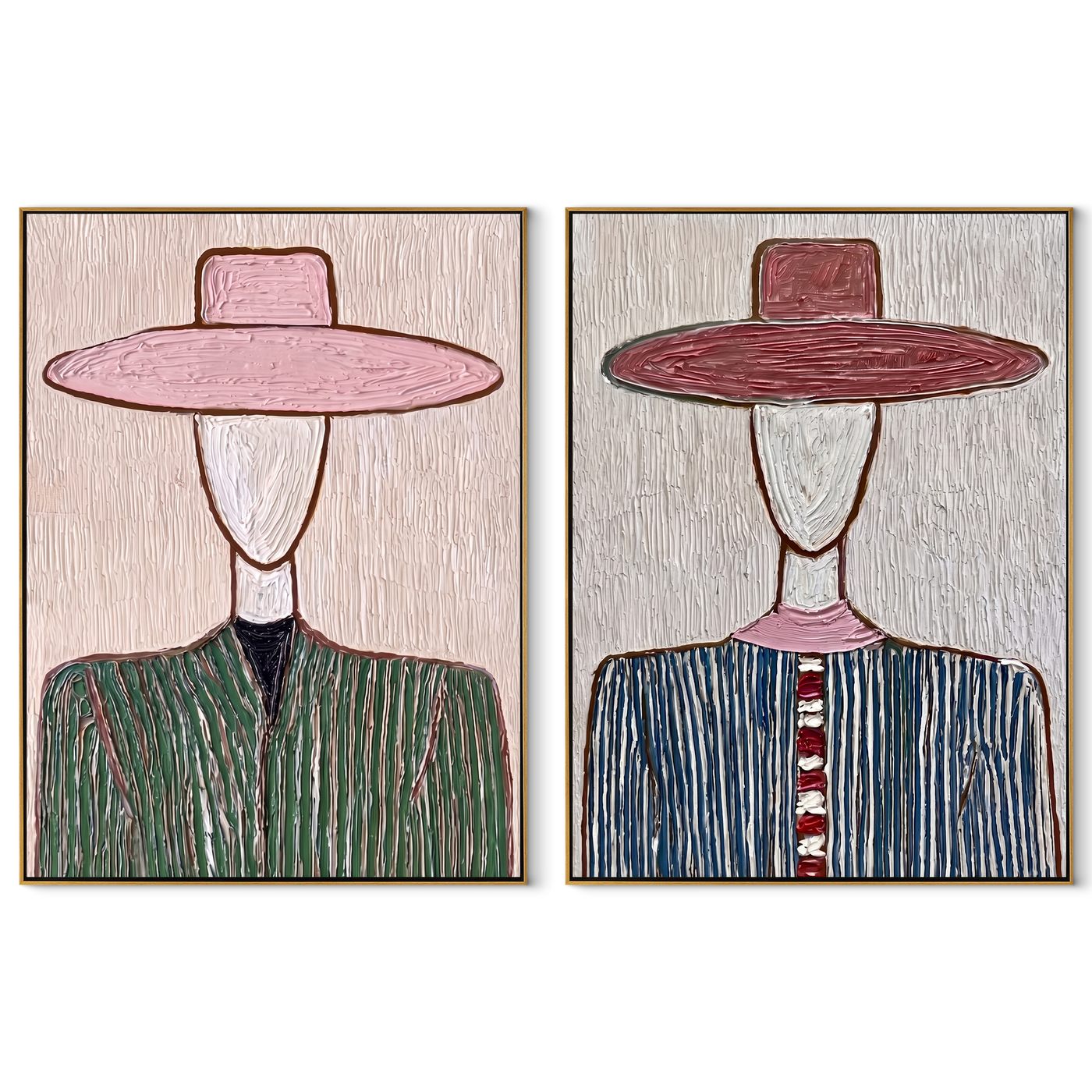 Blush Brims Divide Shadow - blush hat Western portrait by Elliot Vale, modern figurative set of 2 wall art - complete two-panel artwork set on white background