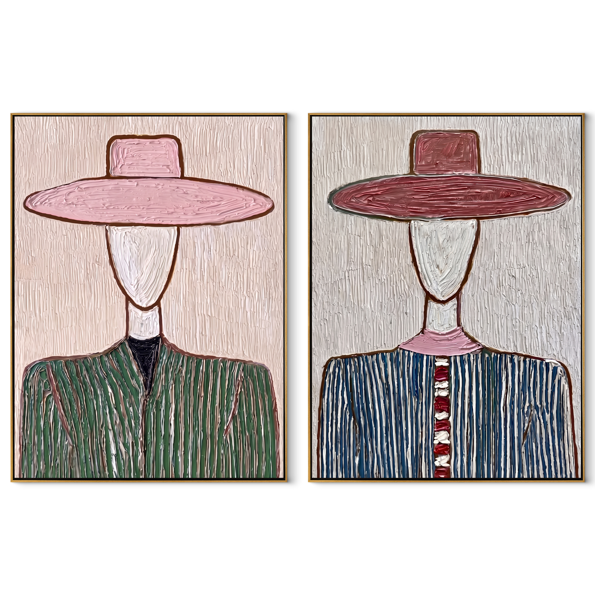 Blush Brims Divide Shadow - blush hat Western portrait by Elliot Vale, modern figurative set of 2 wall art - complete two-panel artwork set on white background