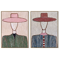 Blush Brims Divide Shadow - blush hat Western portrait by Elliot Vale, modern figurative set of 2 wall art - complete two-panel artwork set on white background