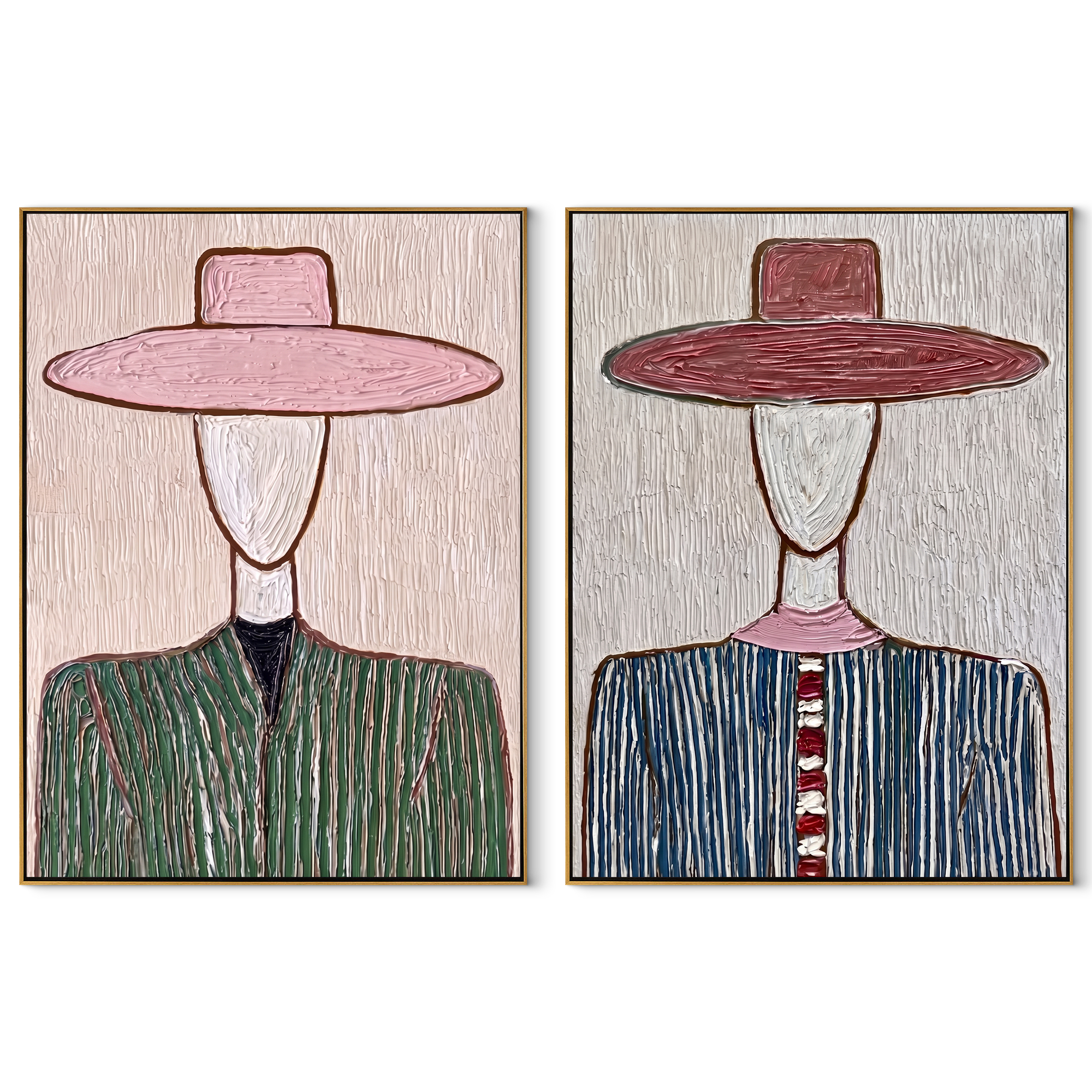 Blush Brims Divide Shadow - blush hat Western portrait by Elliot Vale, modern figurative set of 2 wall art - complete two-panel artwork set on white background